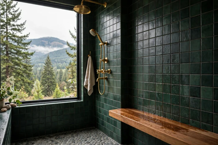 Dark green tile shower with teak bench and brass fixtures