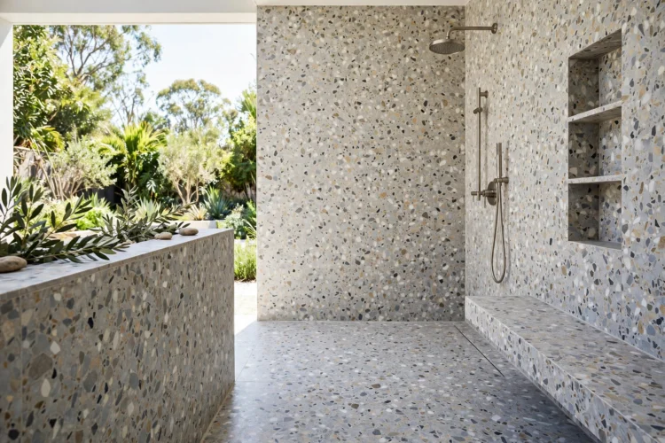 Terrazzo-look tile in a bright walk-in shower