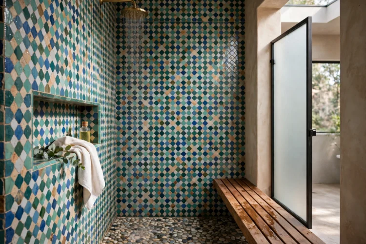 Zellige-look glazed tile wall in a walk-in shower
