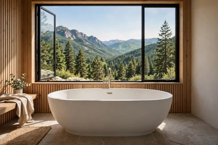 Oval freestanding tub under a bright bathroom window