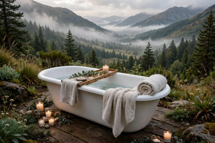 Freestanding tub styled with bath tray, towels, and candles