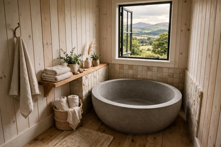 Round deep soaking tub tucked into a small bathroom corner