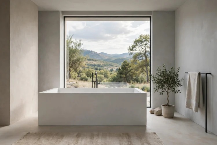 Rectangular freestanding tub in a modern minimalist bathroom