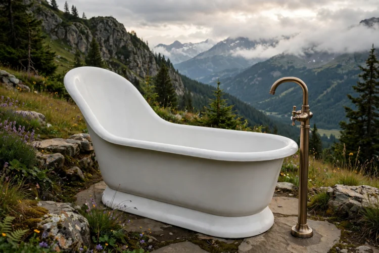 Slipper tub with raised back and floor-mounted filler
