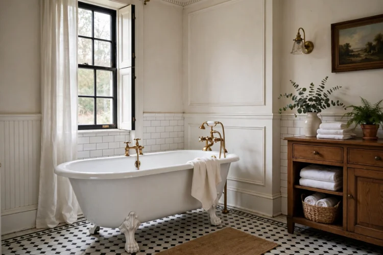 White clawfoot tub with vintage fixtures in a classic bathroom