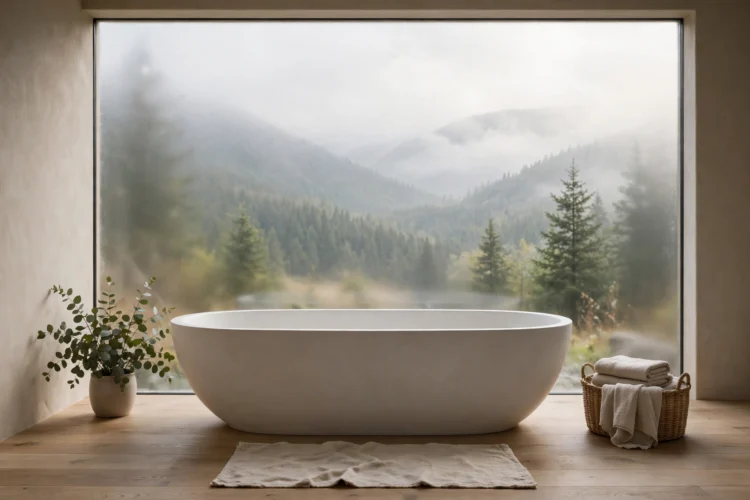 Freestanding tub placed under a large frosted bathroom window