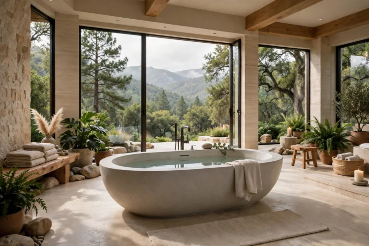 Freestanding tub as centerpiece in a large spa bathroom