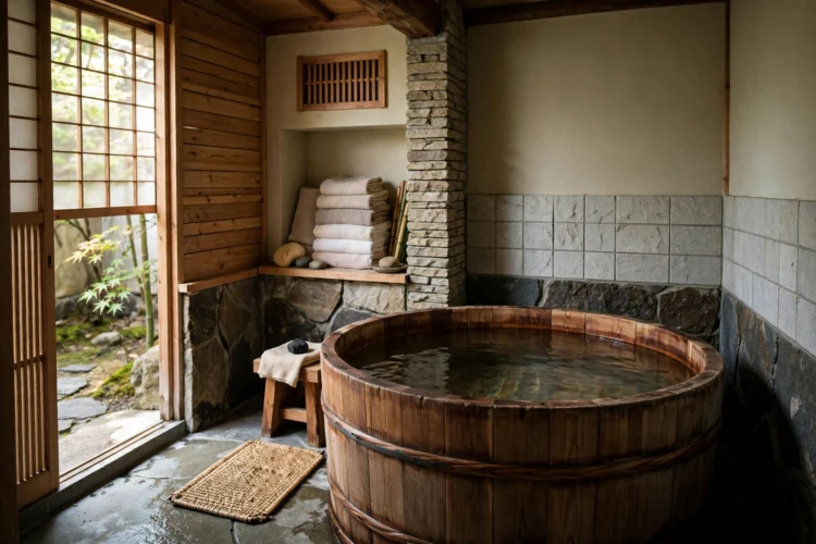 Japanese-style deep wooden soaking tub in a small bathroom