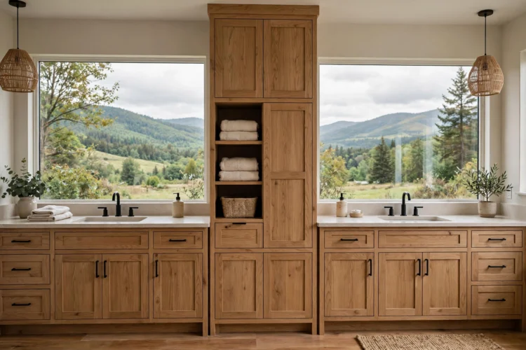 Double vanity with tall shared storage tower in the center