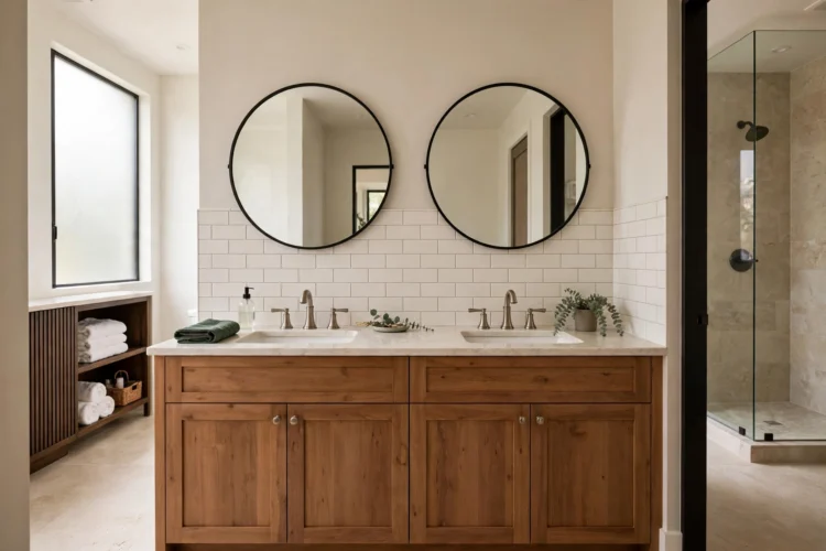 Double sink bathroom vanity with two mirrors in a shared bathroom
