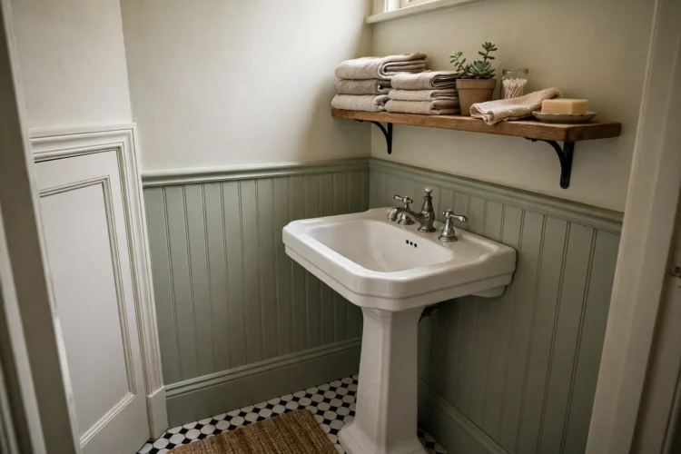 Pedestal sink in a tiny powder room with wall shelf