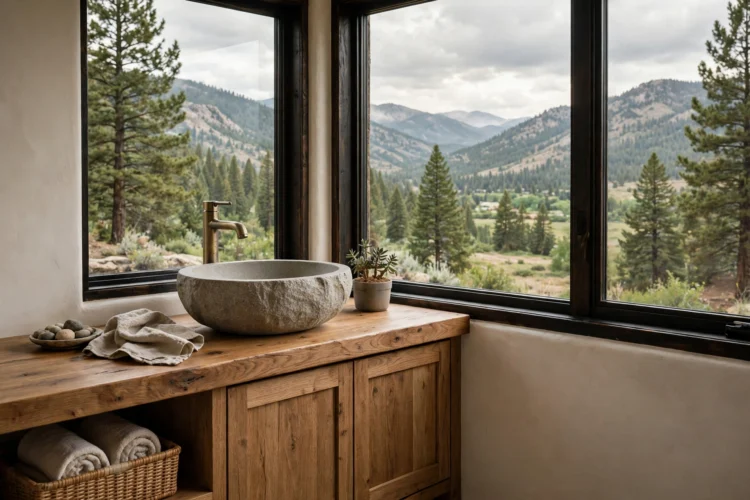 Vessel sink vanity with stone bowl on wooden counter