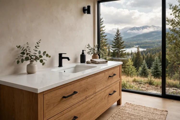 Undermount sink vanity with seamless quartz countertop
