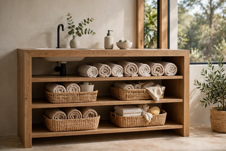 Open shelf bathroom vanity with rolled towels and baskets