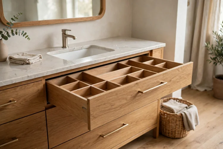 Bathroom vanity with deep drawers and drawer dividers