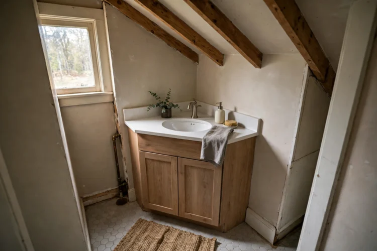 Corner bathroom vanity fitted into an awkward layout