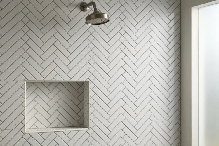 Herringbone subway tile pattern on a bathroom shower wall