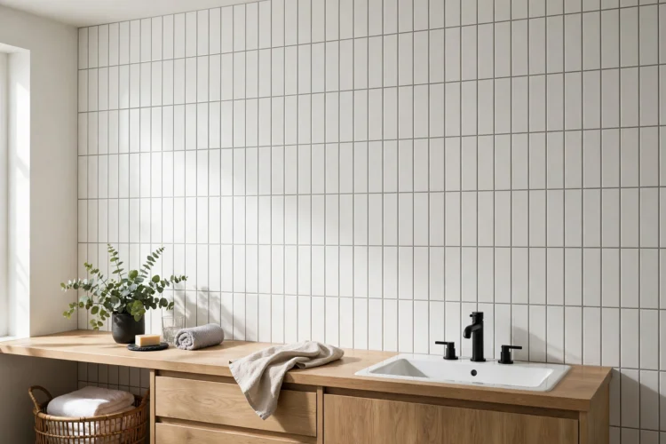 Vertical stack subway tile running up a bathroom wall