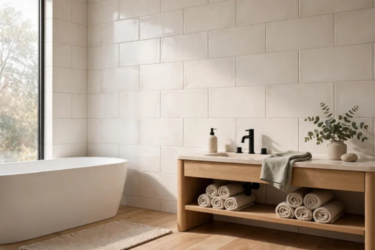 Oversized subway tile in a calm modern bathroom