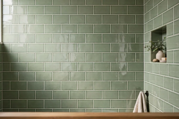 Sage green glazed subway tile bathroom wall