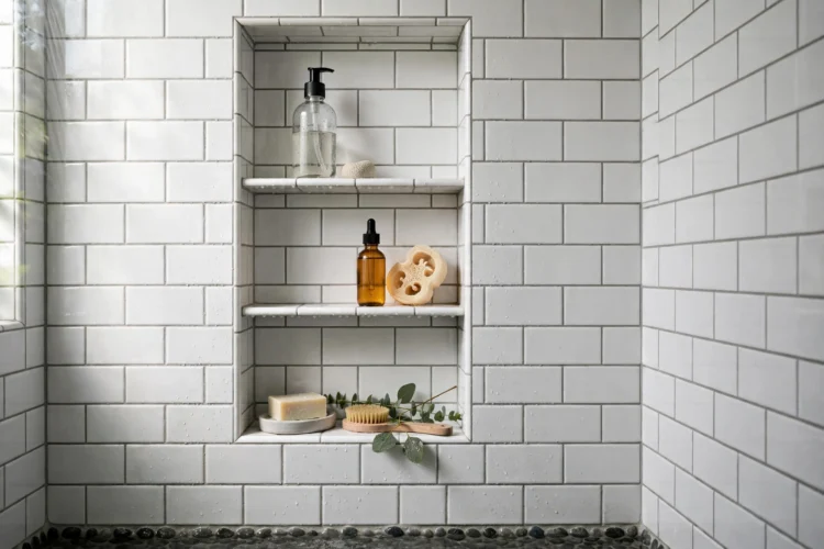 Subway tile lined shower niche with toiletries