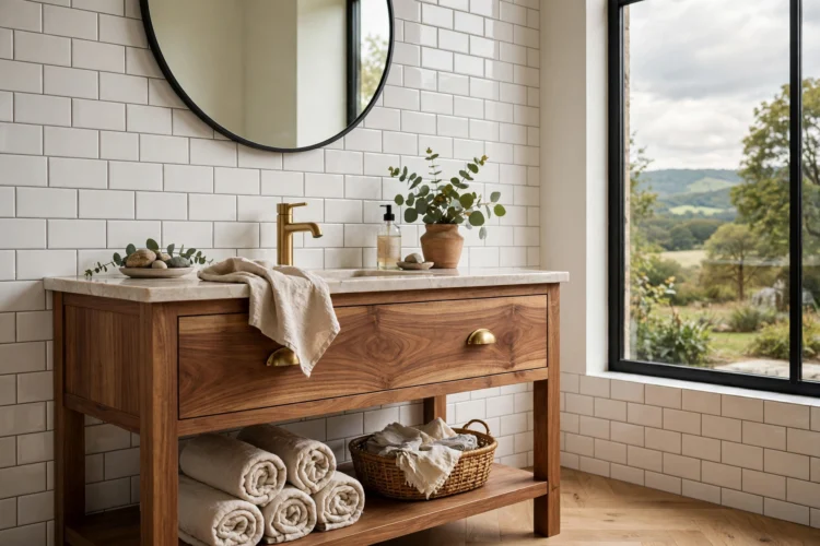 White subway tile paired with a warm wood vanity