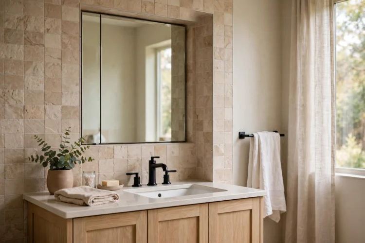 Recessed medicine cabinet with mirror front in a bathroom