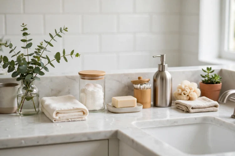 Tidy bathroom counter after a weekly reset