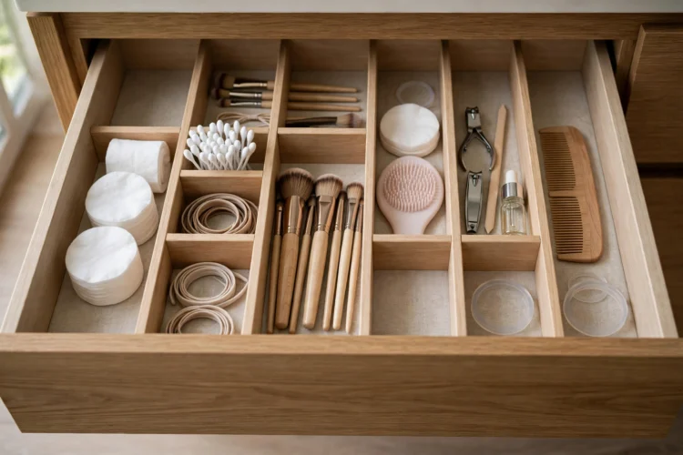 Organized bathroom vanity drawers with dividers