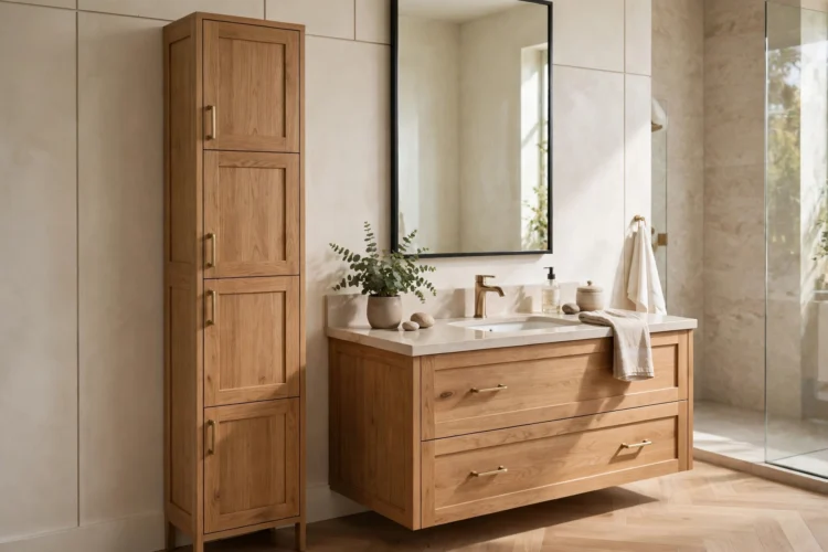 Tall narrow bathroom storage cabinet beside a vanity