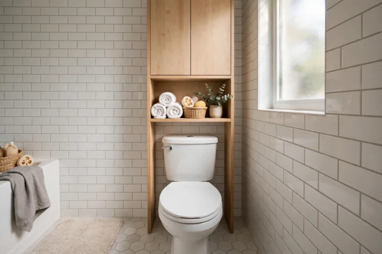 Slim over toilet storage cabinet in a small bathroom