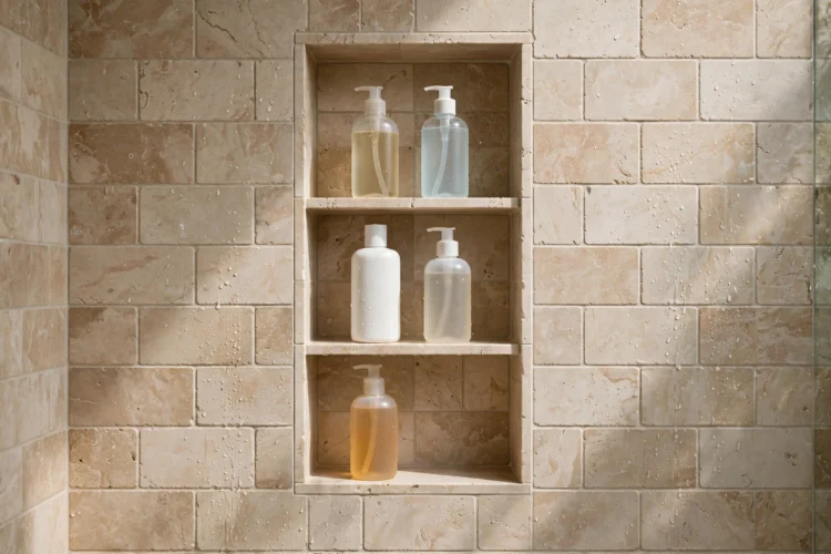 Recessed shower niche holding shampoo bottles