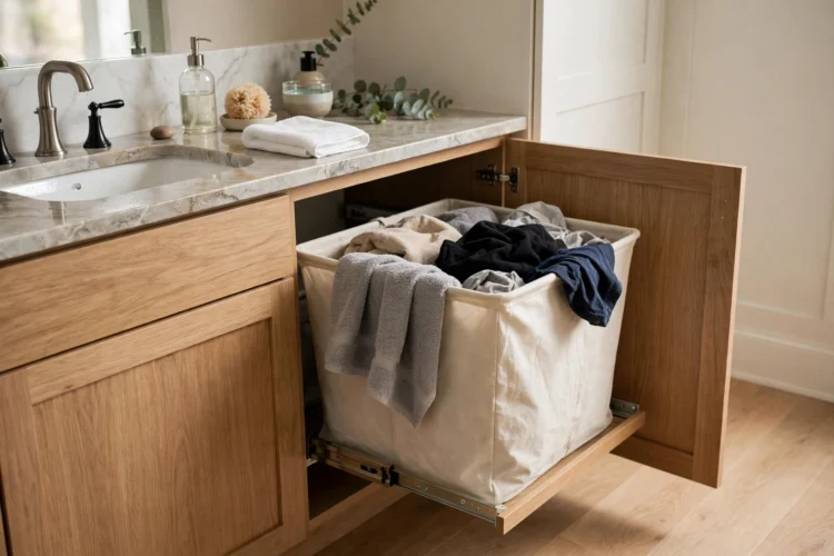 Pull-out laundry hamper hidden in a bathroom cabinet