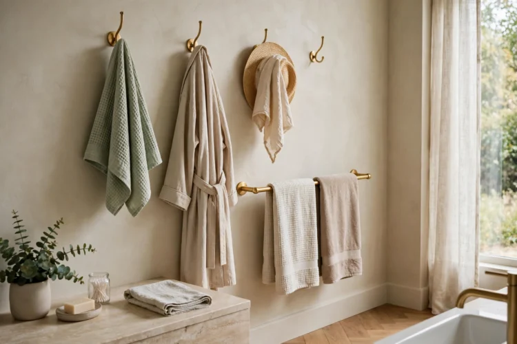 Hooks and towel rail in a tidy bathroom