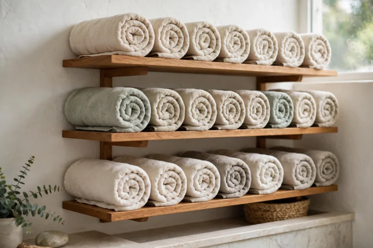 Rolled towels stored neatly on bathroom shelves