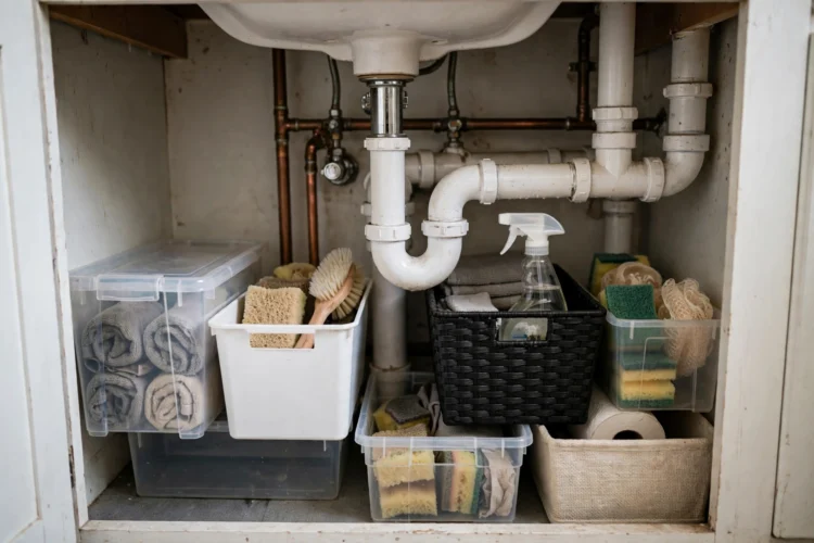 Under sink bathroom storage bins around pipes