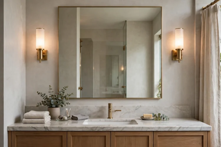 Bathroom mirror with sconces on both sides at eye level