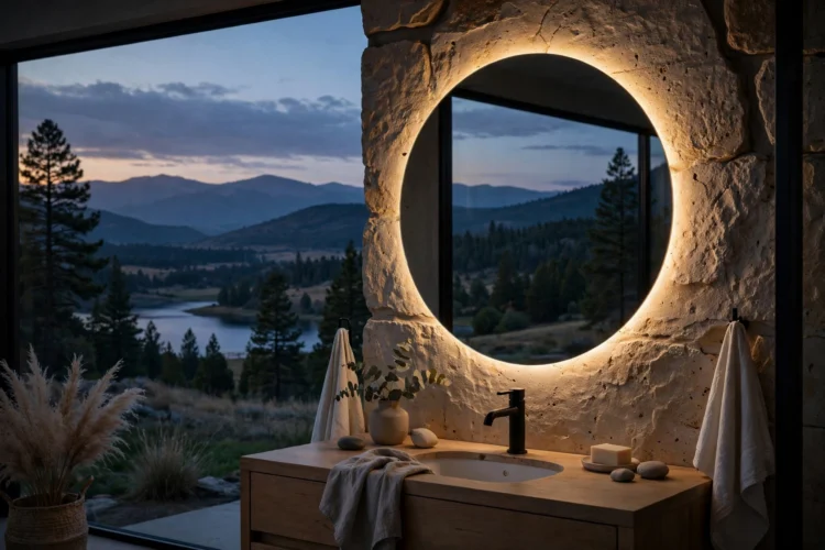 Backlit bathroom mirror glowing softly in the evening
