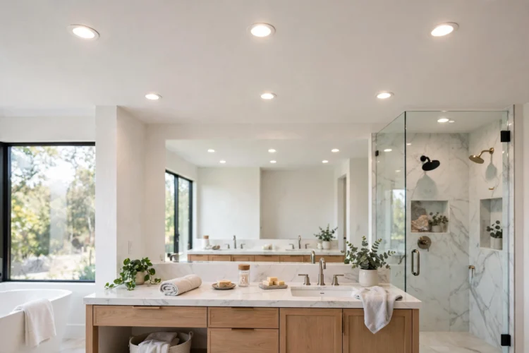 Recessed ceiling lights in a bright modern bathroom