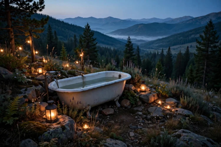 Dim warm lighting around a bathtub in the evening