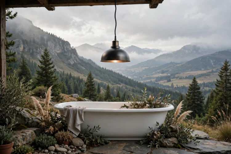 Pendant light hanging over a freestanding bathtub