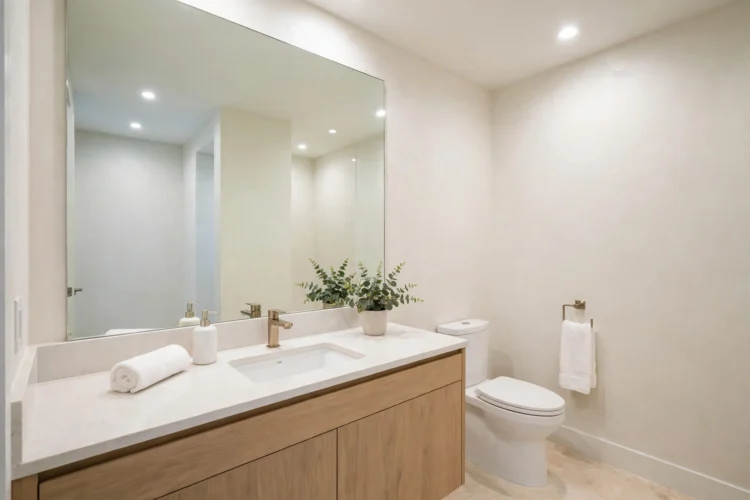 Bright windowless bathroom with mirror and light walls