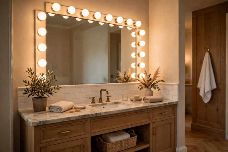 Warm white bathroom lighting at a vanity mirror