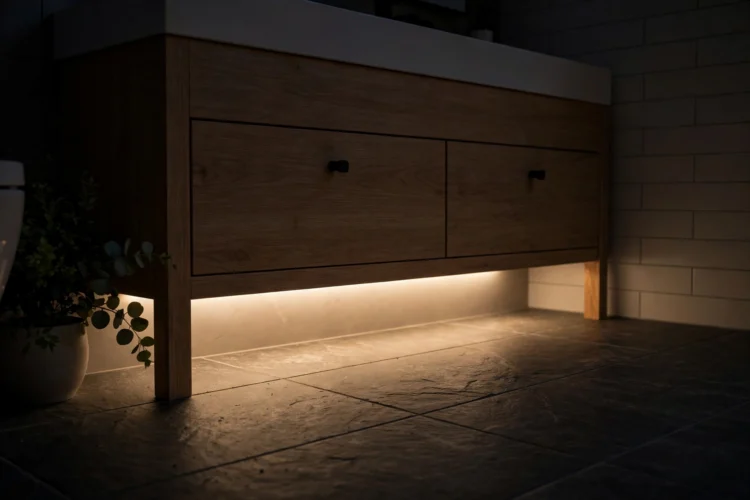 Low night light strip under a bathroom vanity