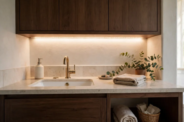 Under cabinet LED strip lighting a bathroom counter
