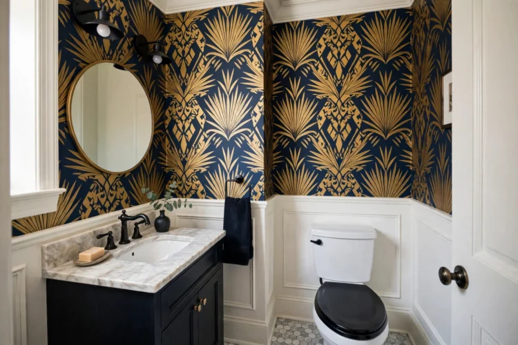 Bold patterned wallpaper in a small powder room
