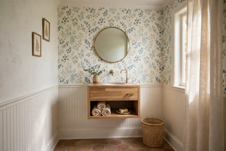 Small floating wood vanity in a powder room