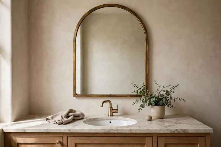 Arched statement mirror above a powder room sink