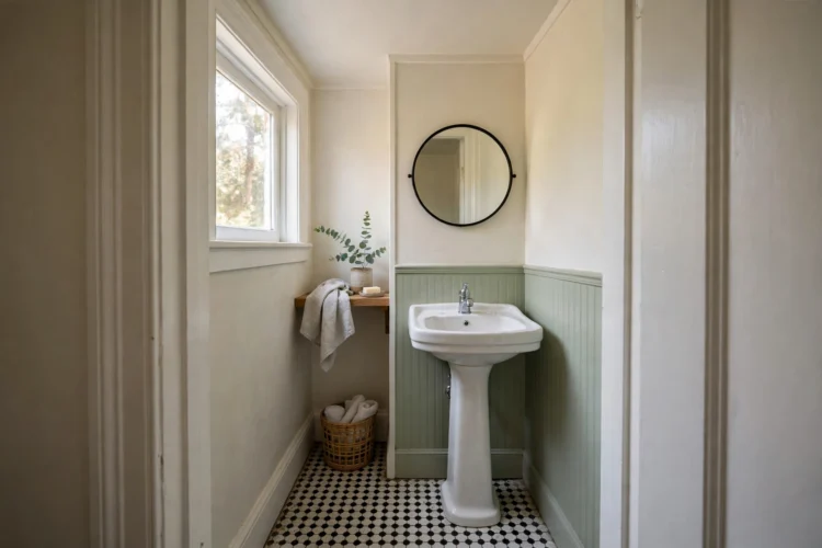 Compact pedestal sink in a tiny powder room