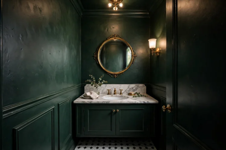 Dark green painted walls in a dramatic powder room